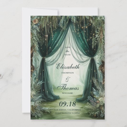 Enchanted Forest Moody Kalligrafie Fotobruiloft Save The Date (Voorkant)