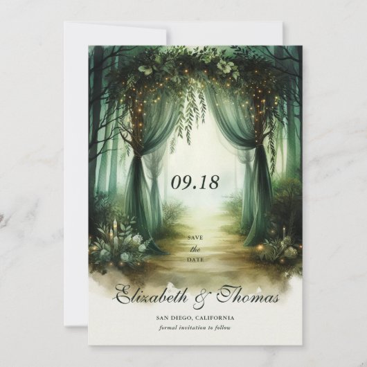 Enchanted Forest Moody Woodland Fotobruiloft Save The Date (Voorkant)