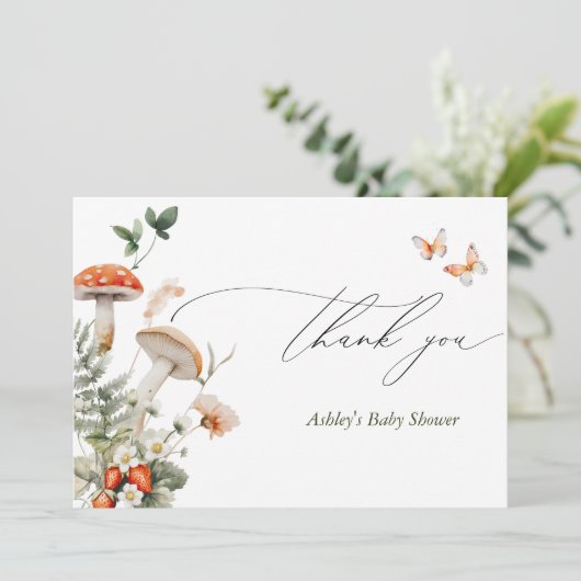 Enchanted Forest Mushroom Baby shower Bedankkaart (Staand voorkant)