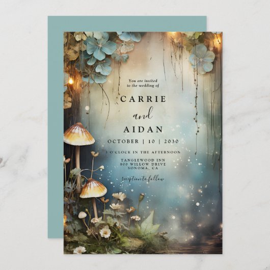 Enchanted Forest Mushroom Wildflower Blauwe bruilo Kaart (Voorkant / Achterkant)