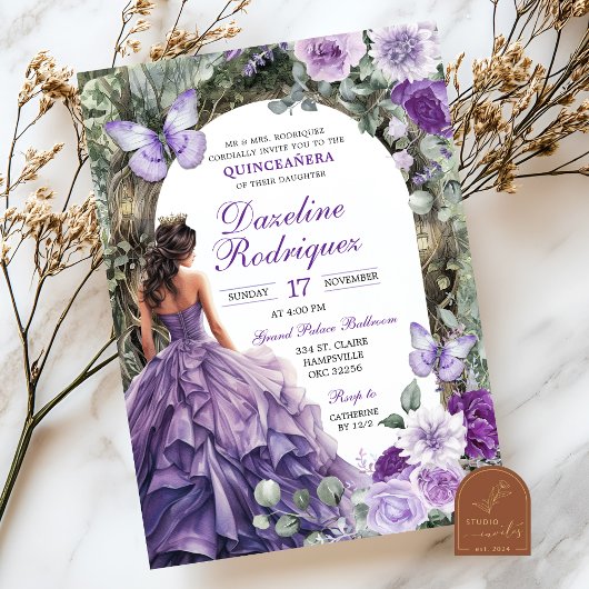 Enchanted Forest Paarse Quinceanera Uitnodiging