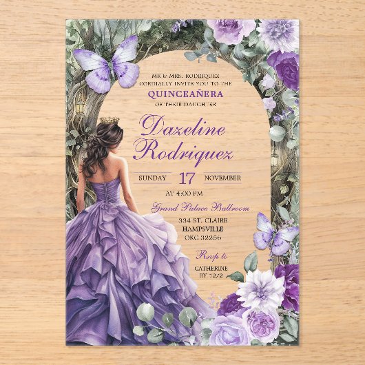 Enchanted Forest Paarse Quinceanera Uitnodiging (Voorkant)