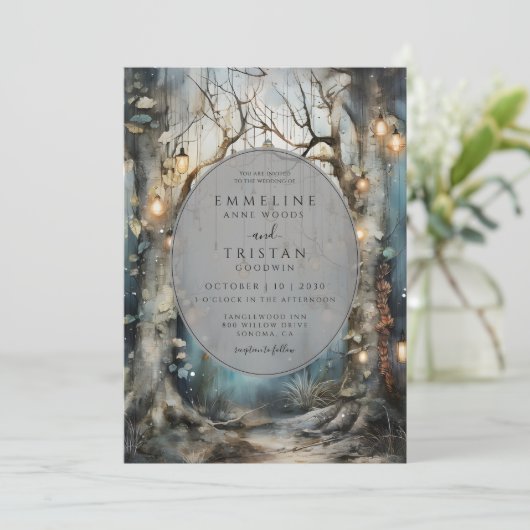 Enchanted Forest Path Glowing Lights Wedding Kaart (Staand voorkant)