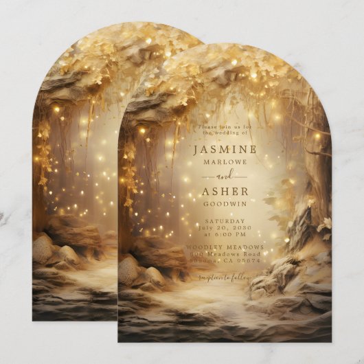 Enchanted Forest Portal Etheal Gold Wedding Kaart (Voorkant / Achterkant)