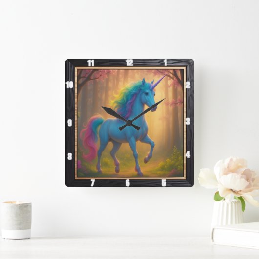 Enchanted Forest Rainbow Unicorn Vierkante Klok (Huis)