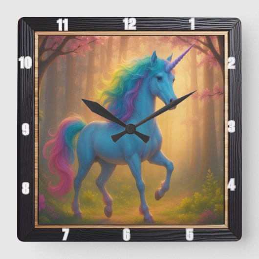 Enchanted Forest Rainbow Unicorn Vierkante Klok (Voorkant)