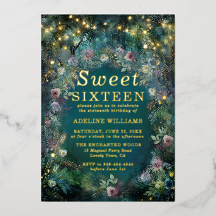 Enchanted Forest Roos Fairy Gold Magical Sweet 16 Folie Uitnodiging