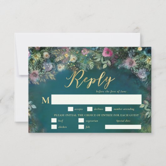 Enchanted Forest Rozen Boogmaaltijd bruiloft RSVP (Voorkant)