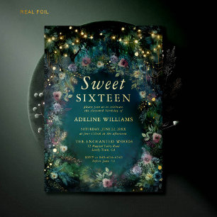 Enchanted Forest Rozen Gold Light Magical Sweet 16 Folie Uitnodiging