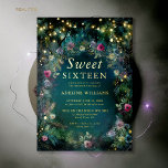 Enchanted Forest Rozen Gold Twinkle Light Sweet 16 Folie Uitnodiging<br><div class="desc">Een grillige waterverf van weelderig gebladerte in smaragdgroen en mauve en paarse, sprankelend fel met sprookjesachtige lichten en magisch stof, siert deze zomerse herfst Sweet 16 met een betoverd bossthema dat ook een lijst van delicate rozen in roze, fuchsia, paarse en mauve heeft. De tekst, evenals de lichten, werden geproduceerd...</div>