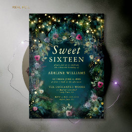 Enchanted Forest Rozen Gold Twinkle Light Sweet 16 Folie Uitnodiging
