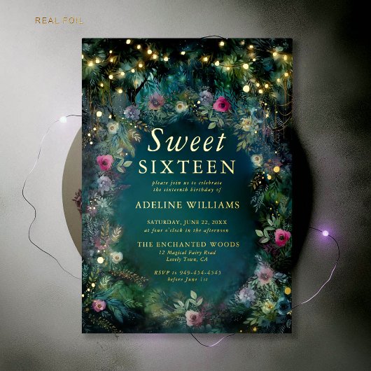 Enchanted Forest Rozen Gold Twinkle Light Sweet 16 Folie Uitnodiging