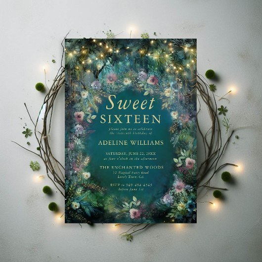 Enchanted Forest Rozen Greenery Magical Sweet 16 Kaart