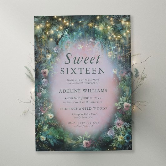 Enchanted Forest Rozen Misty Pink Green Sweet 16 Kaart