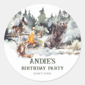 Enchanted Forest Rustic Woodland Boy 1e Verjaardag Ronde Sticker (Voorkant)