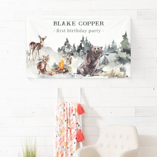 Enchanted Forest Rustic Woodland Boy 1e Verjaardag Spandoek (Insitu)