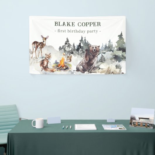 Enchanted Forest Rustic Woodland Boy 1e Verjaardag Spandoek (Beurs)