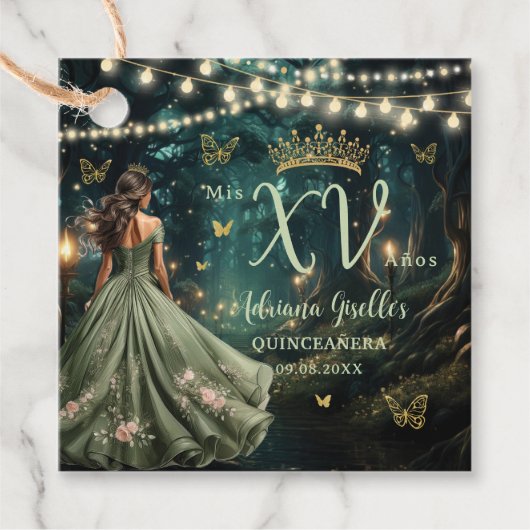 Enchanted Forest Sage Green Dress Gold Quinceañera Bedankjes Labels (Voorkant)