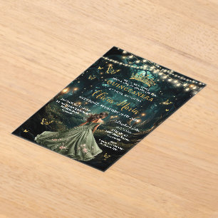 Enchanted Forest Sage Green Dress Quinceañera 16 Acryl Uitnodigingen