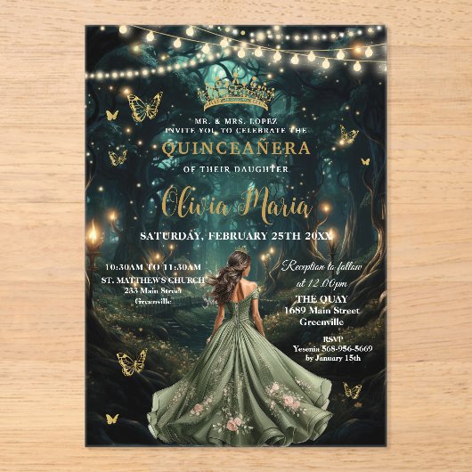 Enchanted Forest Sage Green Dress Quinceañera 16 Acryl Uitnodigingen (Voorkant)