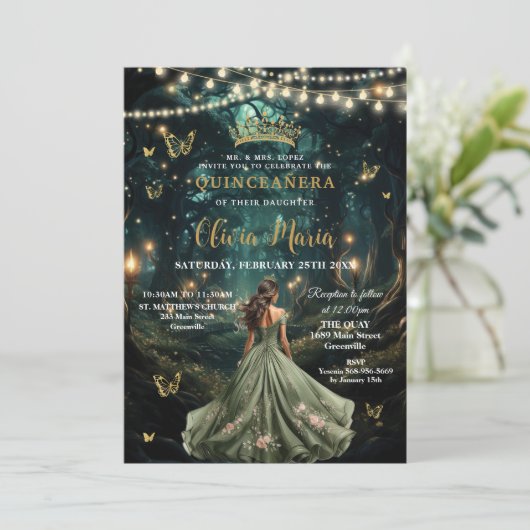 Enchanted Forest Sage Green Dress Quinceañera 16 Kaart (Staand voorkant)