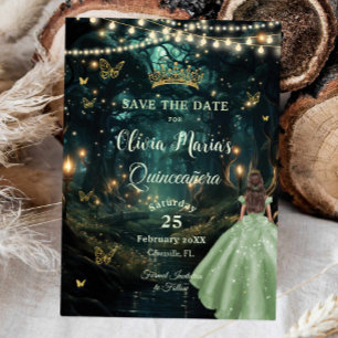 Enchanted Forest Sage Green Dress Quinceañera 16 Save The Date