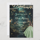 Enchanted Forest Sage Green Dress Quinceañera 16 Save The Date (Voorkant)