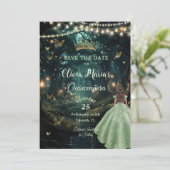 Enchanted Forest Sage Green Dress Quinceañera 16 Save The Date (Staand voorkant)