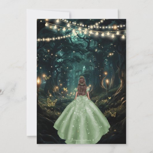 Enchanted Forest Sage Green Dress Quinceañera 16 Save The Date (Achterkant)