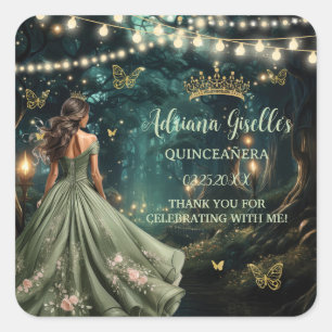 Enchanted Forest Sage Green Dress Quinceañera 16e Vierkante Sticker