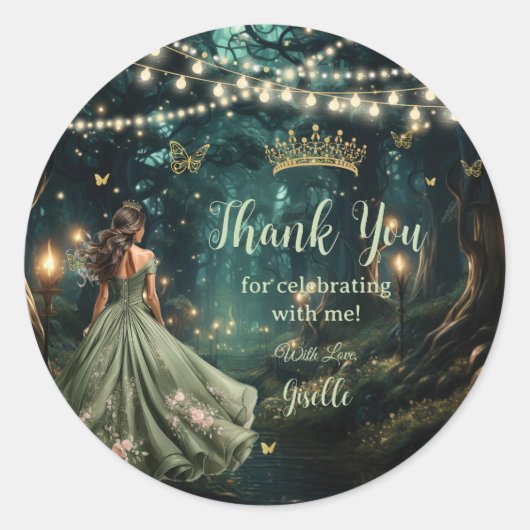 Enchanted Forest Sage Green Dress Quinceañera Ronde Sticker (Voorkant)