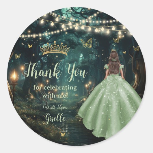 Enchanted Forest Sage Green Dress Quinceañera Ronde Sticker (Voorkant)