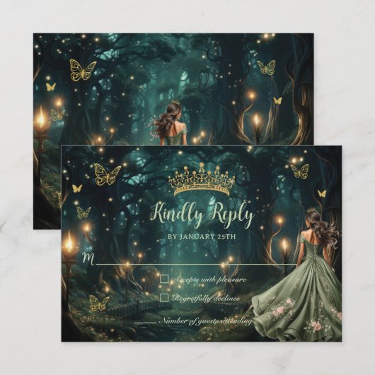 Enchanted Forest Sage Green Dress Quinceañera RSVP Kaartje (Voorkant / Achterkant)
