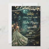 Enchanted Forest Sage Green Dress Quinceañera Save The Date (Voorkant)