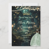 Enchanted Forest Sage Green Dress Quinceañera Save The Date (Voorkant)