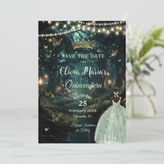 Enchanted Forest Sage Green Dress Quinceañera Save The Date (Staand voorkant)