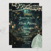 Enchanted Forest Sage Green Dress Quinceañera Save The Date (Voorkant / Achterkant)