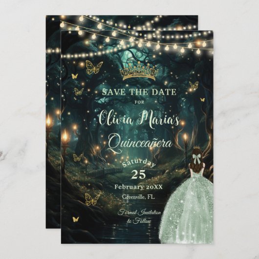 Enchanted Forest Sage Green Dress Quinceañera Save The Date (Voorkant / Achterkant)