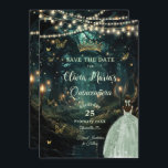 Enchanted Forest Sage Green Dress Quinceañera Save The Date<br><div class="desc">Personaliseer deze betoverende Quinceañera / Sweet 16 verjaardag en sla de datum gemakkelijk en snel op. Klik op de knop Bewerken met ontwerpgereedschappen om de tekst verder te bewerken, lettertypestijlen en lettertypekleuren te wijzigen. Met een meisje gekleed in salie groene jurk en een betoverde bos achtergrond. De vlinders, kweepeer meisje...</div>