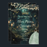 Enchanted Forest Sage Green Dress Quinceañera Save The Date<br><div class="desc">Personaliseer deze betoverende Quinceañera / Sweet 16 verjaardag en sla de datum gemakkelijk en snel op. Klik op de knop Bewerken met ontwerpgereedschappen om de tekst verder te bewerken, lettertypestijlen en lettertypekleuren te wijzigen. Met een meisje gekleed in salie groene jurk en een betoverde bos achtergrond. De vlinders, kweepeer meisje...</div>