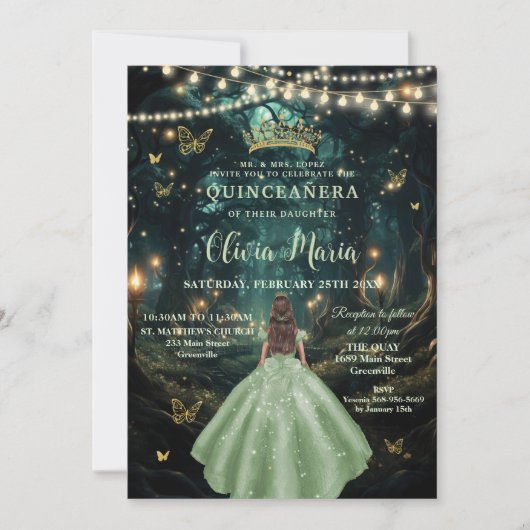 Enchanted Forest Sage Green Dress XV Quinceañera Kaart (Voorkant)