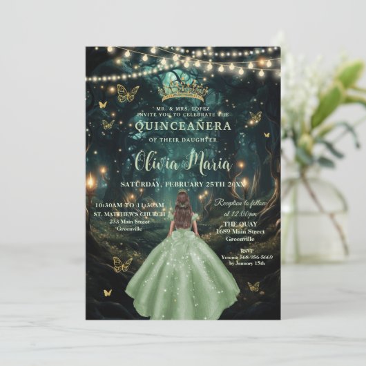 Enchanted Forest Sage Green Dress XV Quinceañera Kaart (Staand voorkant)