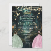 Enchanted Forest Sage Green Pink Twins Quinceañera Kaart (Voorkant)