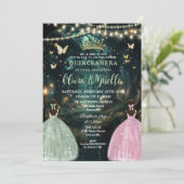 Enchanted Forest Sage Green Pink Twins Quinceañera Kaart (Staand voorkant)