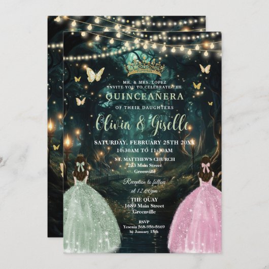 Enchanted Forest Sage Green Pink Twins Quinceañera Kaart (Voorkant / Achterkant)