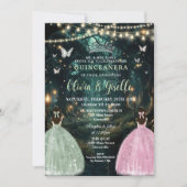 Enchanted Forest Sage Green Pink Twins Quinceañera Kaart (Voorkant)