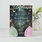Enchanted Forest Sage Green Pink Twins Quinceañera Kaart (Staand voorkant)