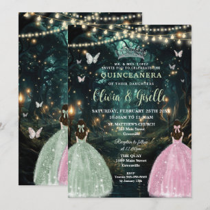 Enchanted Forest Sage Green Pink Twins Quinceañera Kaart