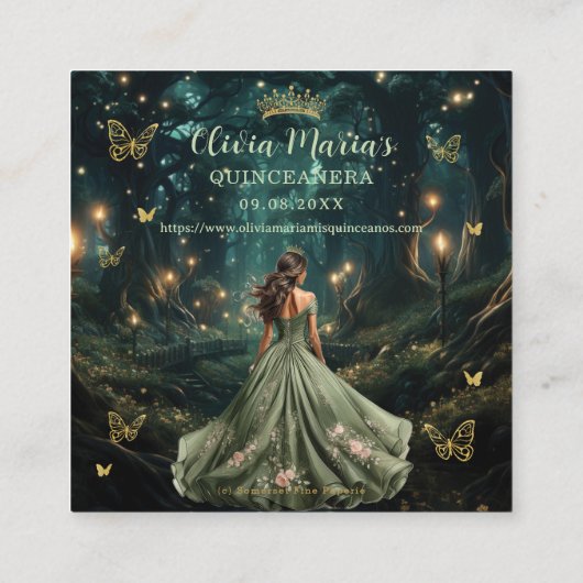 Enchanted Forest Sage Green Quinceañera QR RSVP Informatiekaartje (Achterkant)