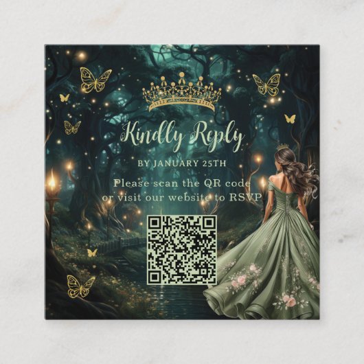 Enchanted Forest Sage Green Quinceañera QR RSVP Informatiekaartje (Voorkant)
